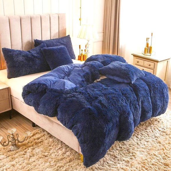 💎NAVY Queen Faux Fur Comfy Plush Shaggy Duvet Cover Set Luxury Soft Velvet 💎 - Picture 2 of 8